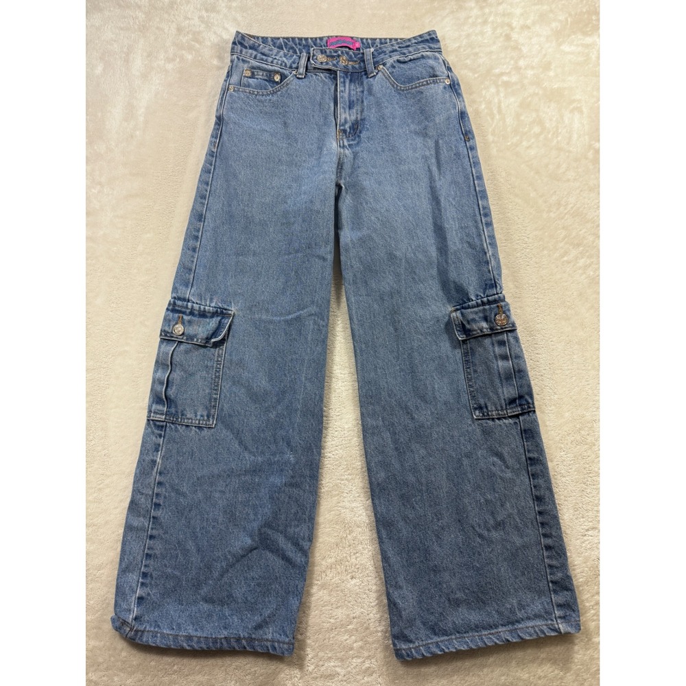Edikted Womens Cargo Wide Leg Denim Blue Jeans XS Meas: 26x27.5